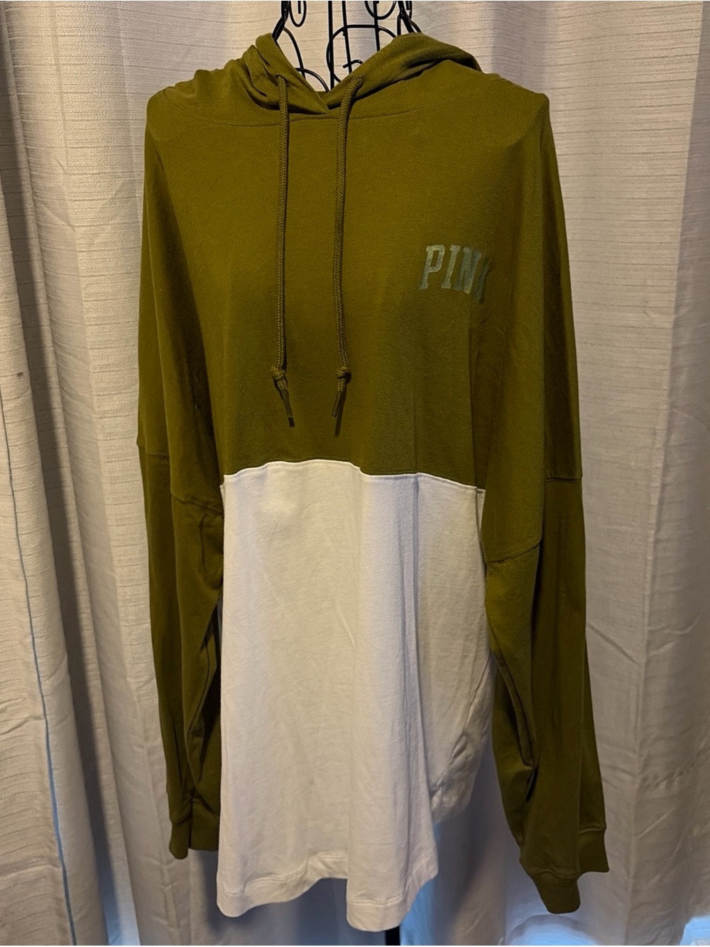 PINK Victoria's Secret Olive Green and White Crewneck Hoodie